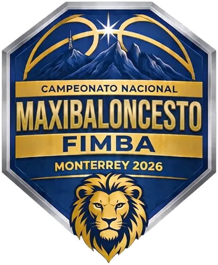 Logotipo del Campeonato Nacional Maxibaloncesto FIMBA, Monterrey 2026, con un león y montañas
