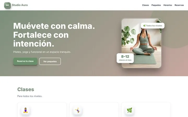 Vista previa de la página web de ejemplo para Pilates y yoga