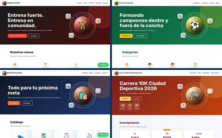 Mosaico con más ejemplos de páginas web para deportistas, gimnasios y negocios deportivos